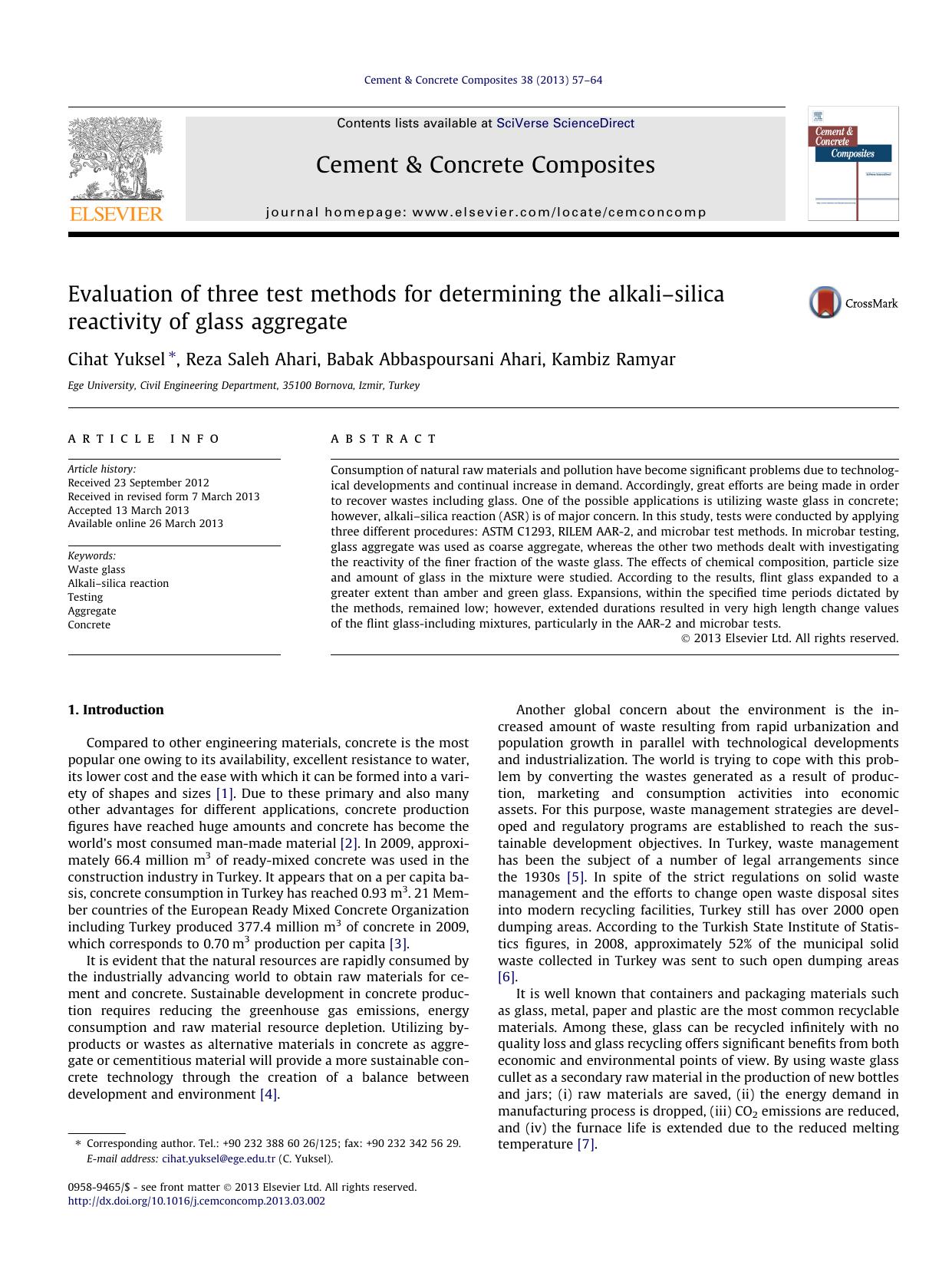 Evaluation of three test methods for determining the alkaliÃ¢â¬âsilica reactivity of glass aggregate by Cihat Yuksel & Reza Saleh Ahari & Babak Abbaspoursani Ahari & Kambiz Ramyar
