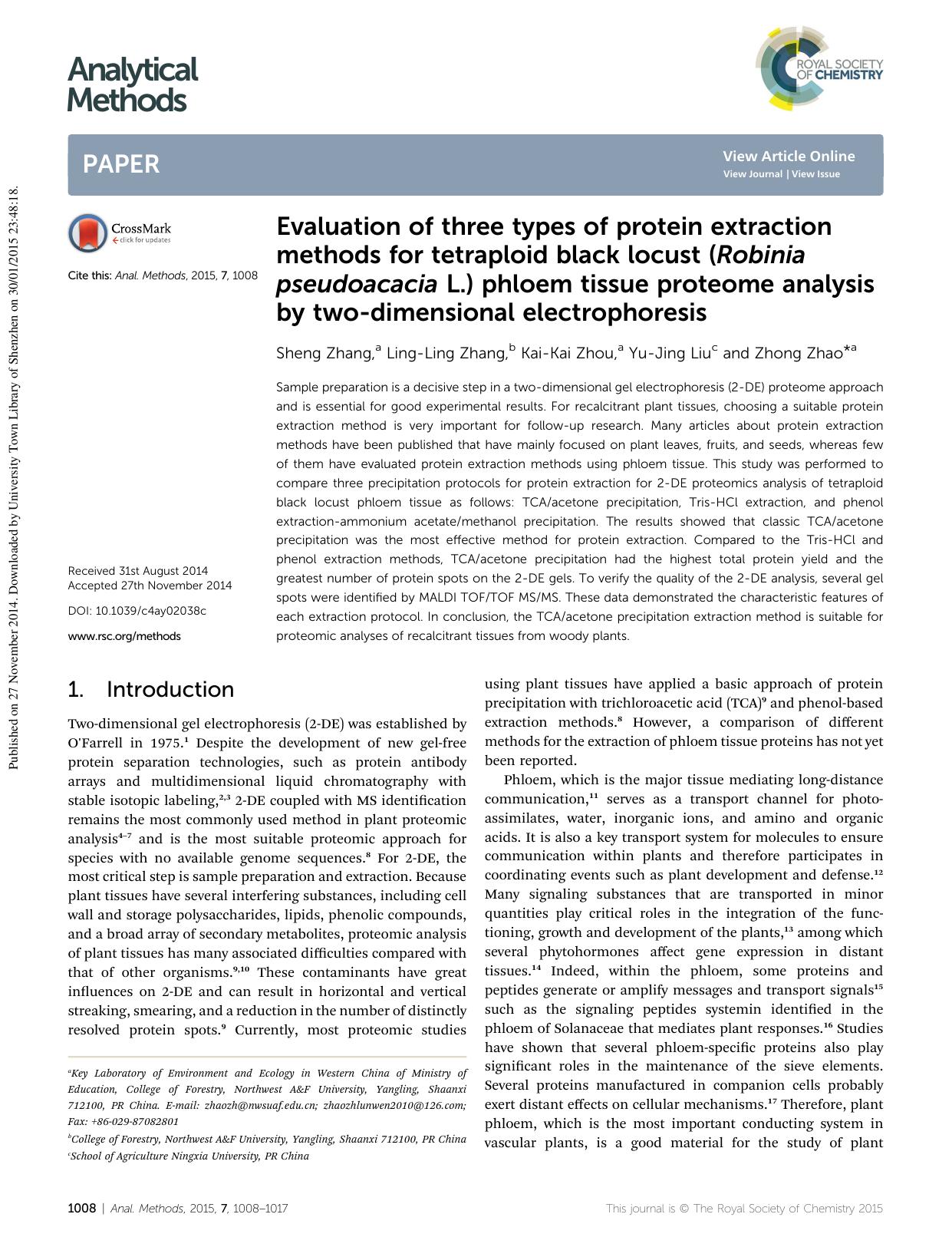 Evaluation of three types of protein extraction methods for tetraploid black locust (Robinia pseudoacacia L.) phloem tissue proteome analysis by two-dimensional electrophoresis by Sheng Zhang & Ling-Ling Zhang & Kai-Kai Zhou & Yu-Jing Liu & Zhong Zhao