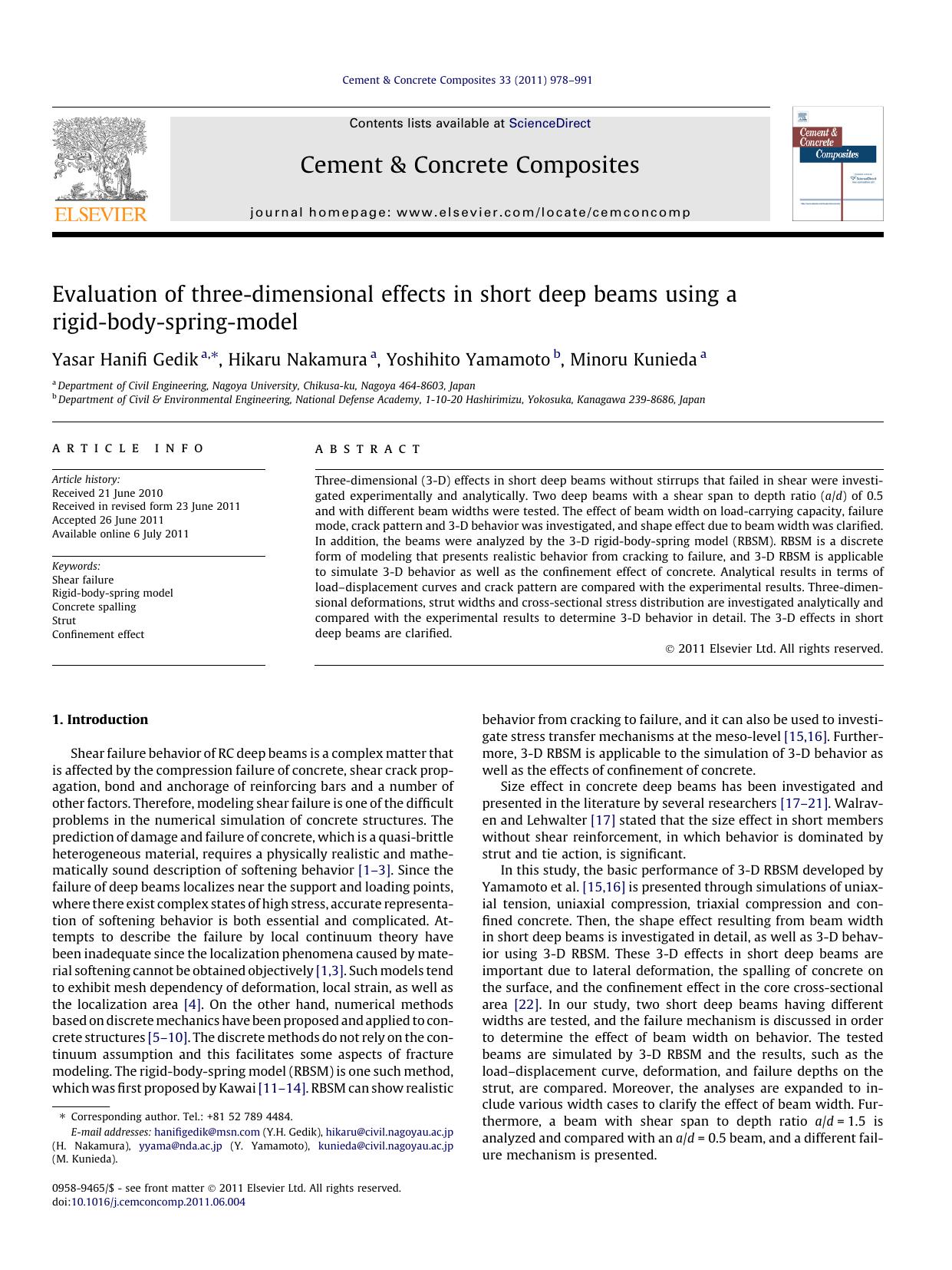 Evaluation of three-dimensional effects in short deep beams using a rigid-body-spring-model by Yasar Hanifi Gedik & Hikaru Nakamura & Yoshihito Yamamoto & Minoru Kunieda