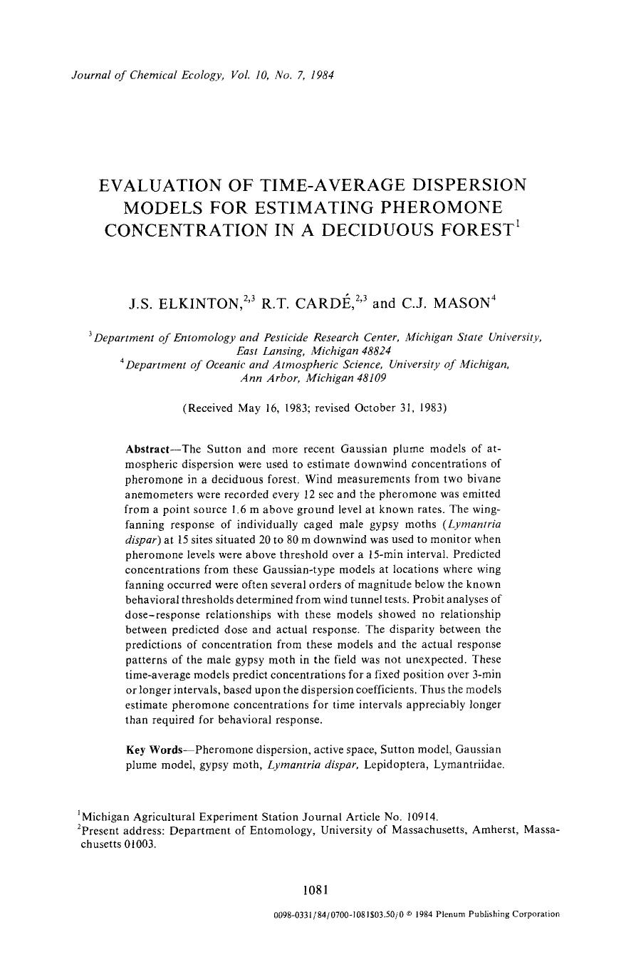 Evaluation of time-average dispersion models for estimating pheromone concentration in a deciduous forest by Unknown