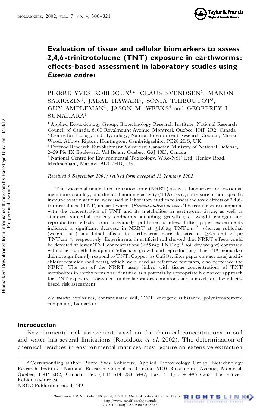 Evaluation of tissue and cellular biomarkers to assess 2,4,6-trinitrotoluene (TNT) exposure in earthworms: effects-based assessment in laboratory studies using Eisenia andrei by unknow