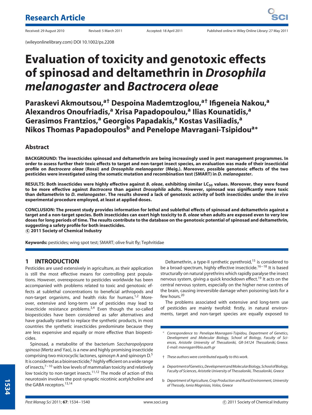 Evaluation of toxicity and genotoxic effects of spinosad and deltamethrin in Drosophila melanogaster and Bactrocera oleae by Unknown