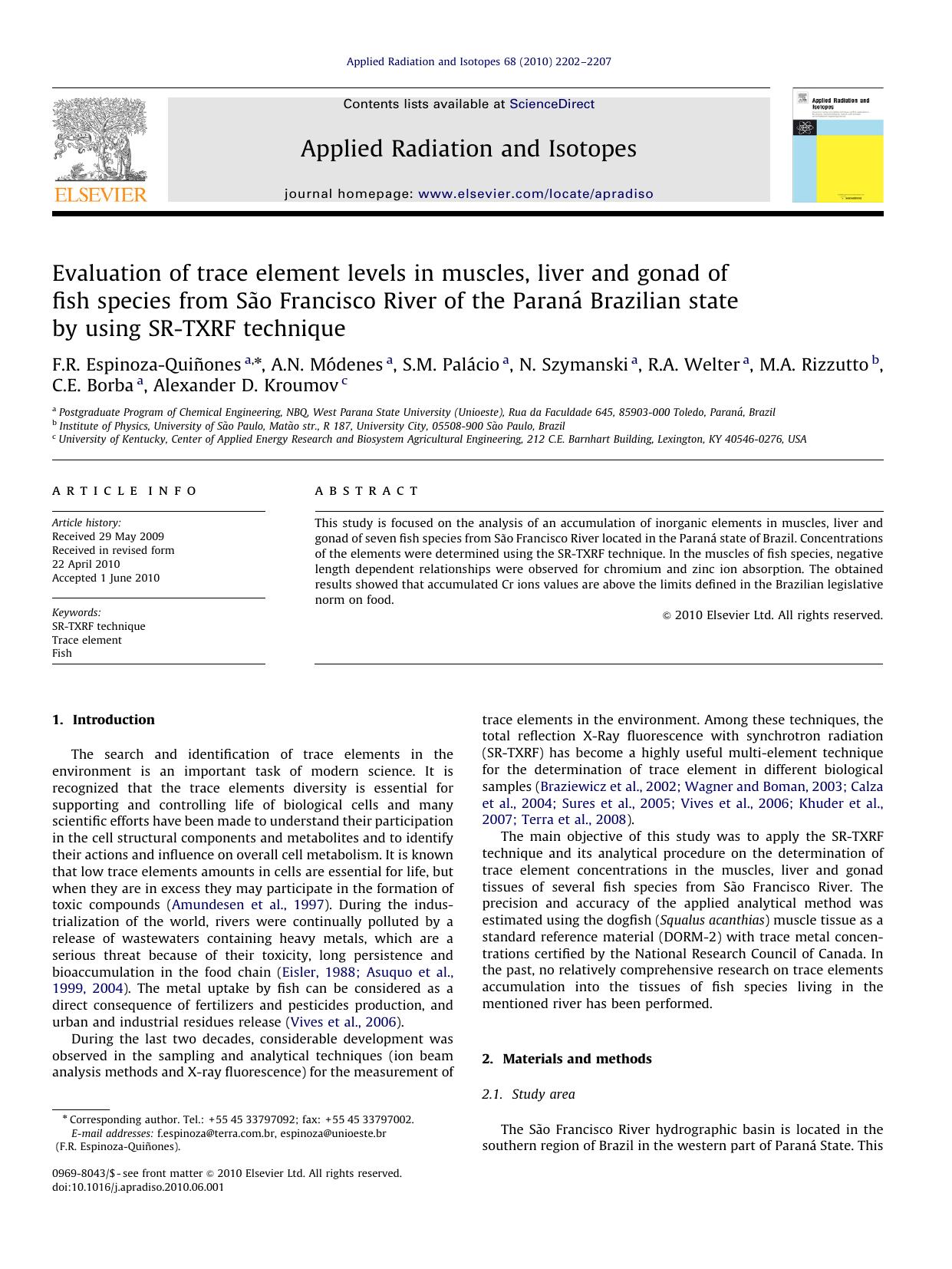 Evaluation of trace element levels in muscles, liver and gonad of fish species from SÃ£o Francisco River of the ParanÃ¡ Brazilian state by using SR-TXRF technique by unknow