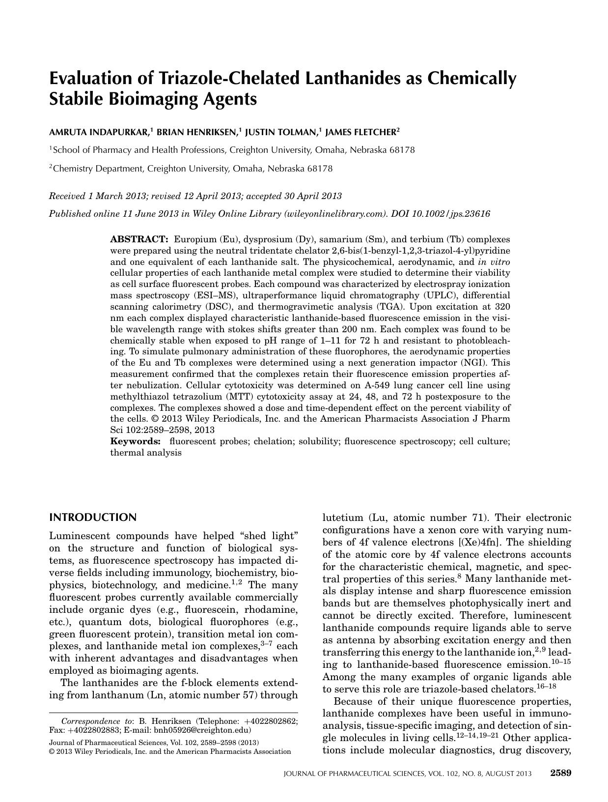 Evaluation of triazolechelated lanthanides as chemically stabile bioimaging agents by Unknown