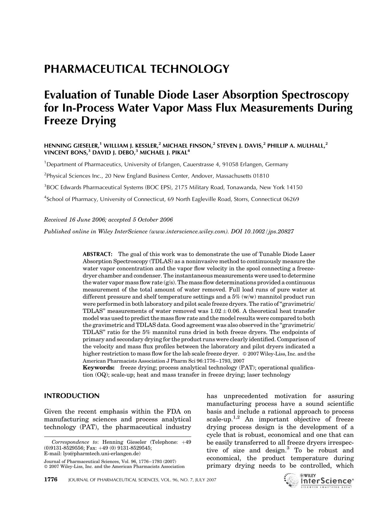 Evaluation of tunable diode laser absorption spectroscopy for in-process water vapor mass flux measurements during freeze drying by Unknown