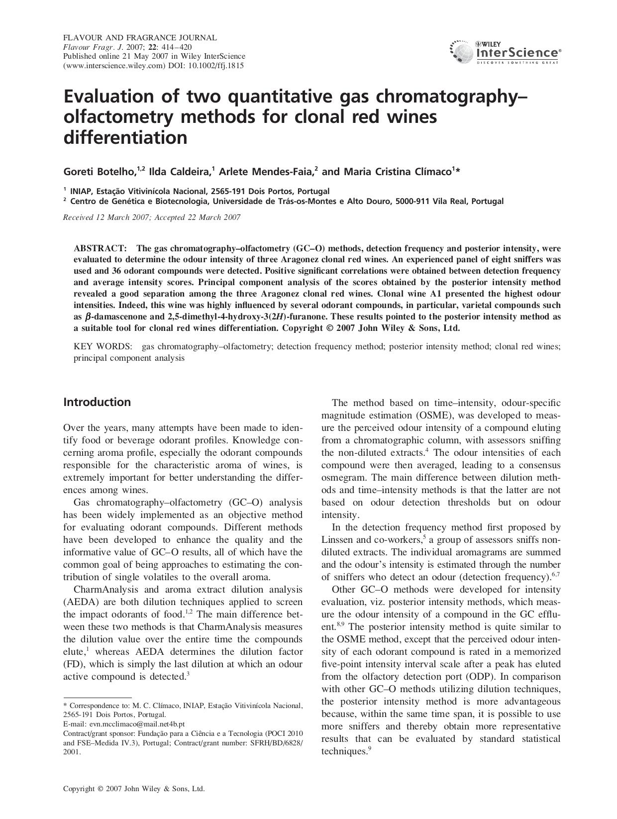 Evaluation of two quantitative gas chromatography-olfactometry methods for clonal red wines differentiation by FuHT