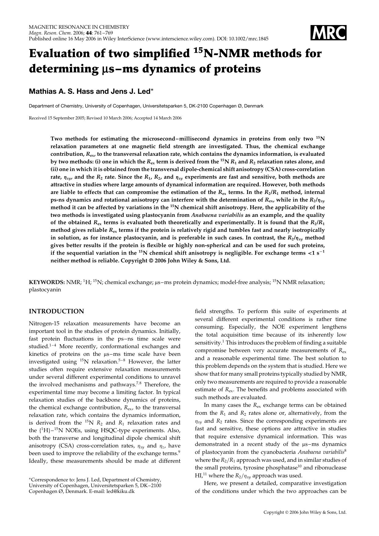 Evaluation of two simplified 15N-NMR methods for determining Âµs-ms dynamics of proteins by Unknown