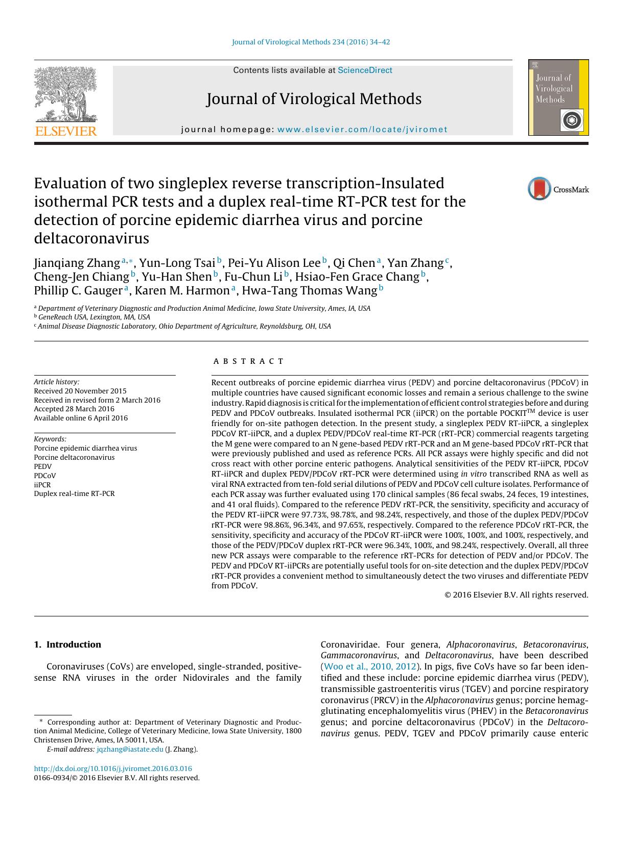 Evaluation of two singleplex reverse transcription-Insulated isothermal PCR tests and a duplex real-time RT-PCR test for the detection of porcine epidemic diarrhea virus and porcine deltacoronavirus by unknow