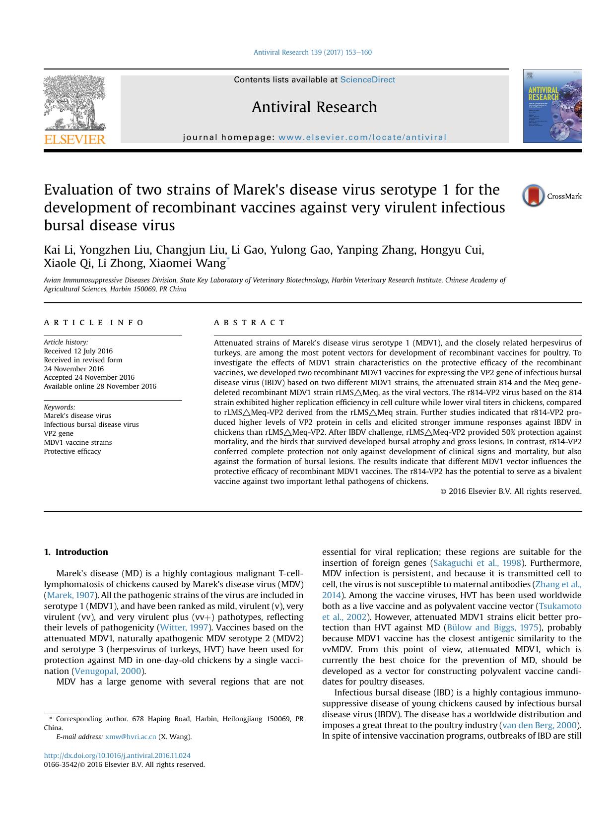 Evaluation of two strains of Marek's disease virus serotype 1 for the development of recombinant vaccines against very virulent infectious bursal disease virus by unknow