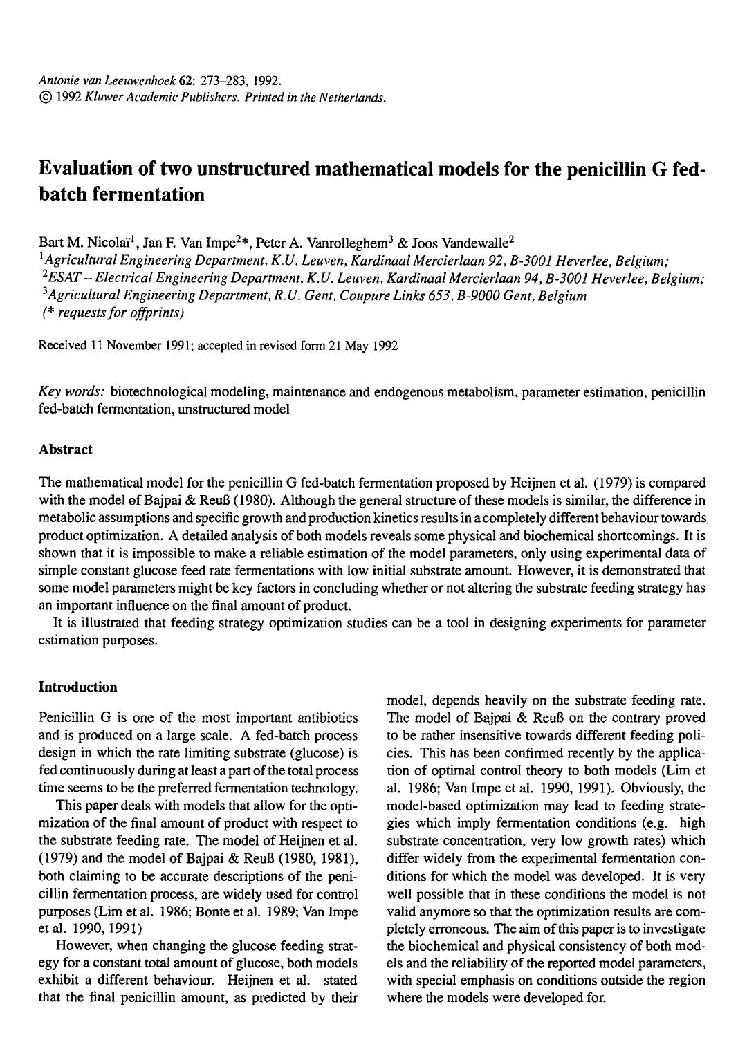 Evaluation of two unstructured mathematical models for the penicillin G fedbatch fermentation by Unknown