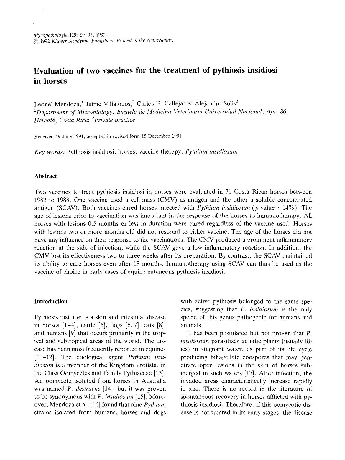 Evaluation of two vaccines for the treatment of pythiosis insidiosi in horses by Unknown