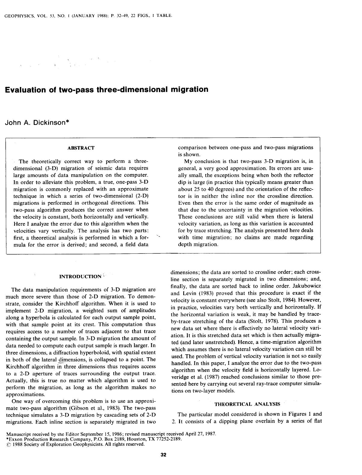 Evaluation of two-pass three-dimensional migration by Dickinson J. A