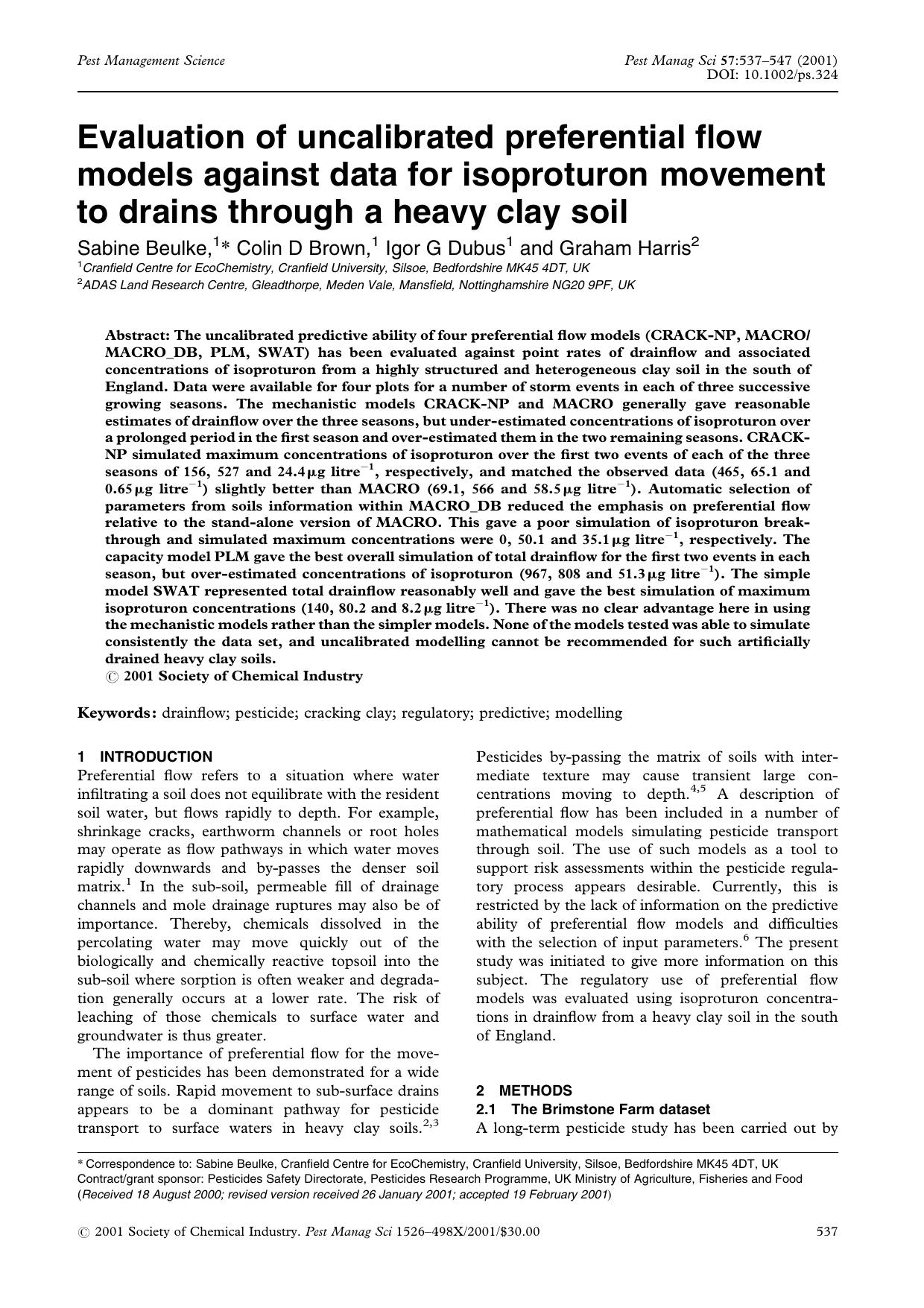 Evaluation of uncalibrated preferential flow models against data for isoproturon movement to drains through a heavy clay soil by Unknown