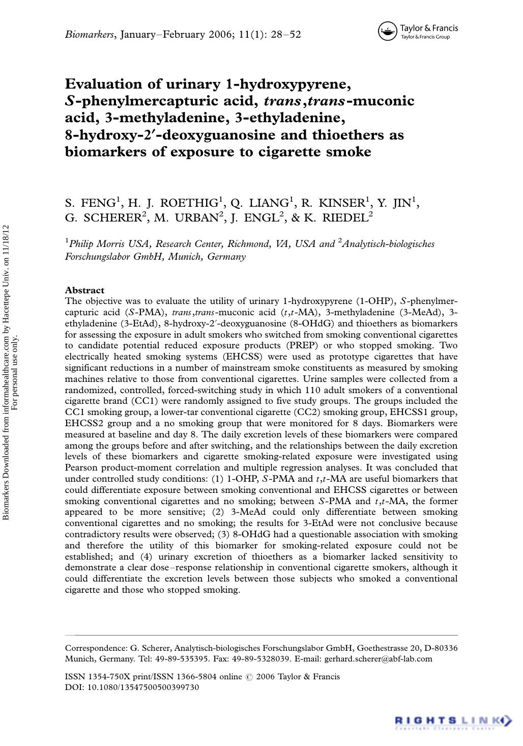Evaluation of urinary 1-hydroxypyrene, S-phenylmercapturic acid, trans,trans-muconic acid, 3-methyladenine, 3-ethyladenine, 8-hydroxy-2′-deoxyguanosine and thioethers as biomarke by S. Feng H. J. Roethig Q. Liang R. Kinser Y. Jin G. Scherer M. Urban J. Engl & K. Riedel