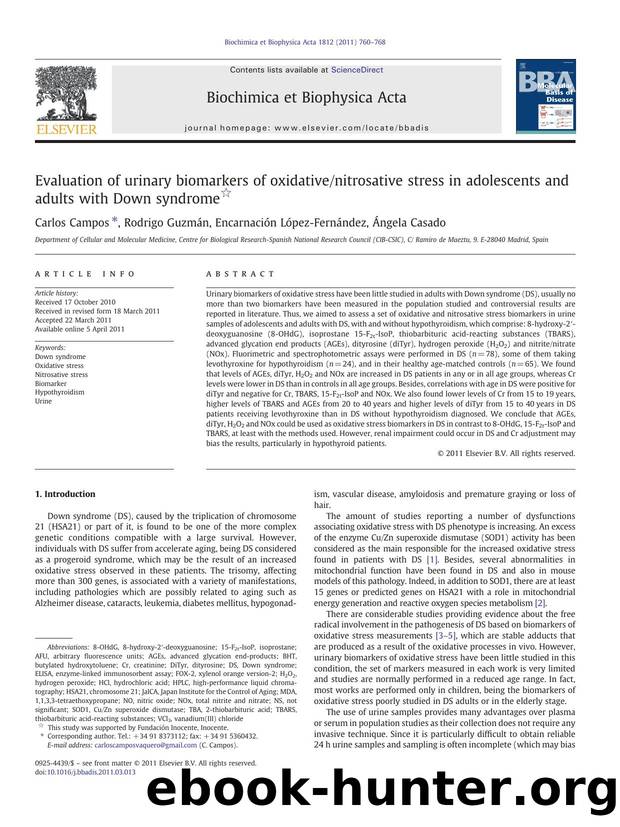Evaluation of urinary biomarkers of oxidativenitrosative stress in adolescents and adults with Down syndrome by Carlos Campos & Rodrigo Guzmán & Encarnación López-Fernández & Ángela Casado