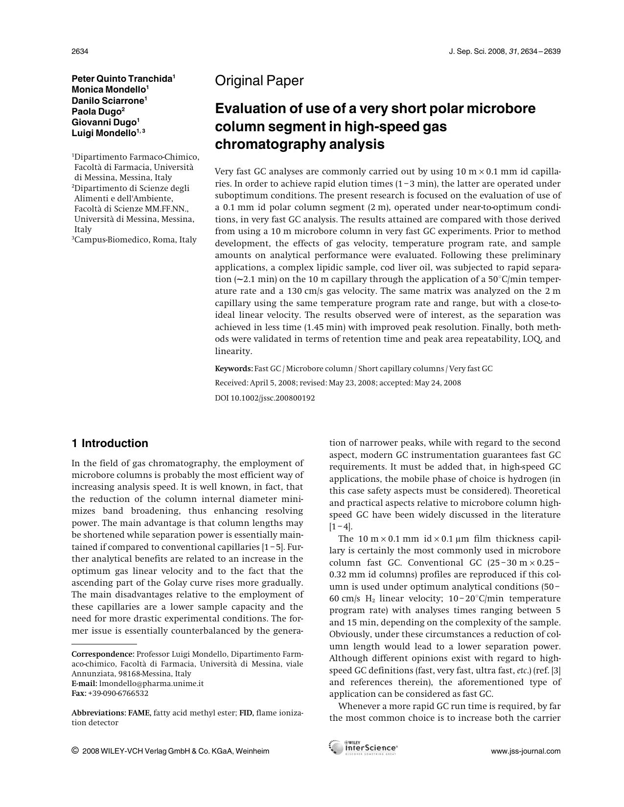 Evaluation of use of a very short polar microbore column segment in high-speed gas chromatography analysis by Unknown