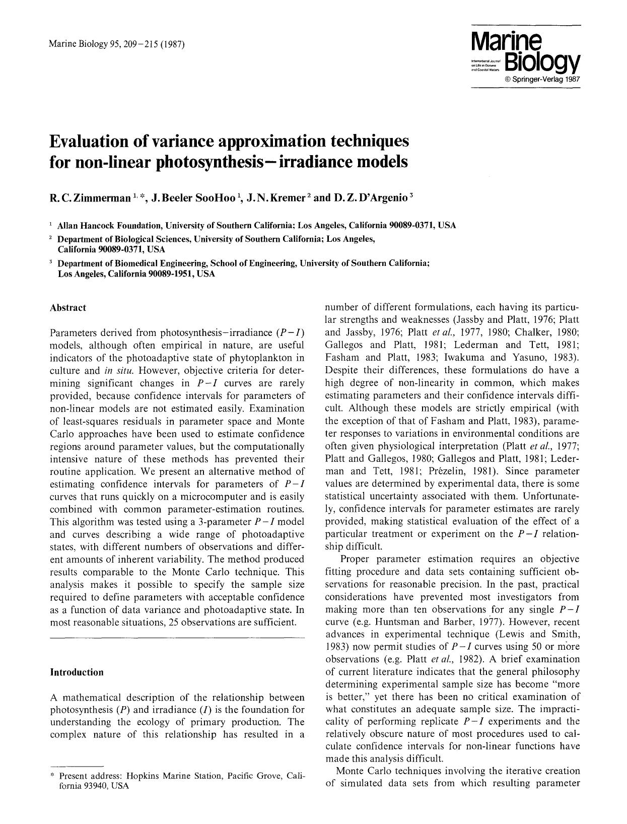 Evaluation of variance approximation techniques for non-linear photosynthesis—irradiance models by Unknown