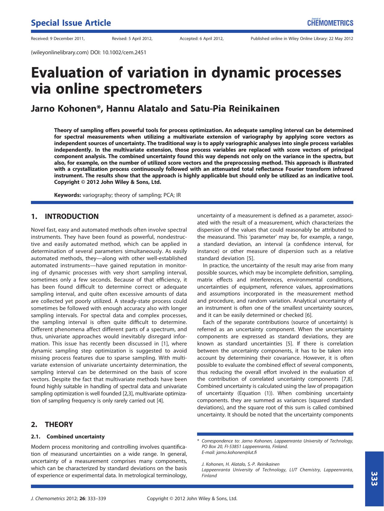 Evaluation of variation in dynamic processes via online spectrometers by Unknown