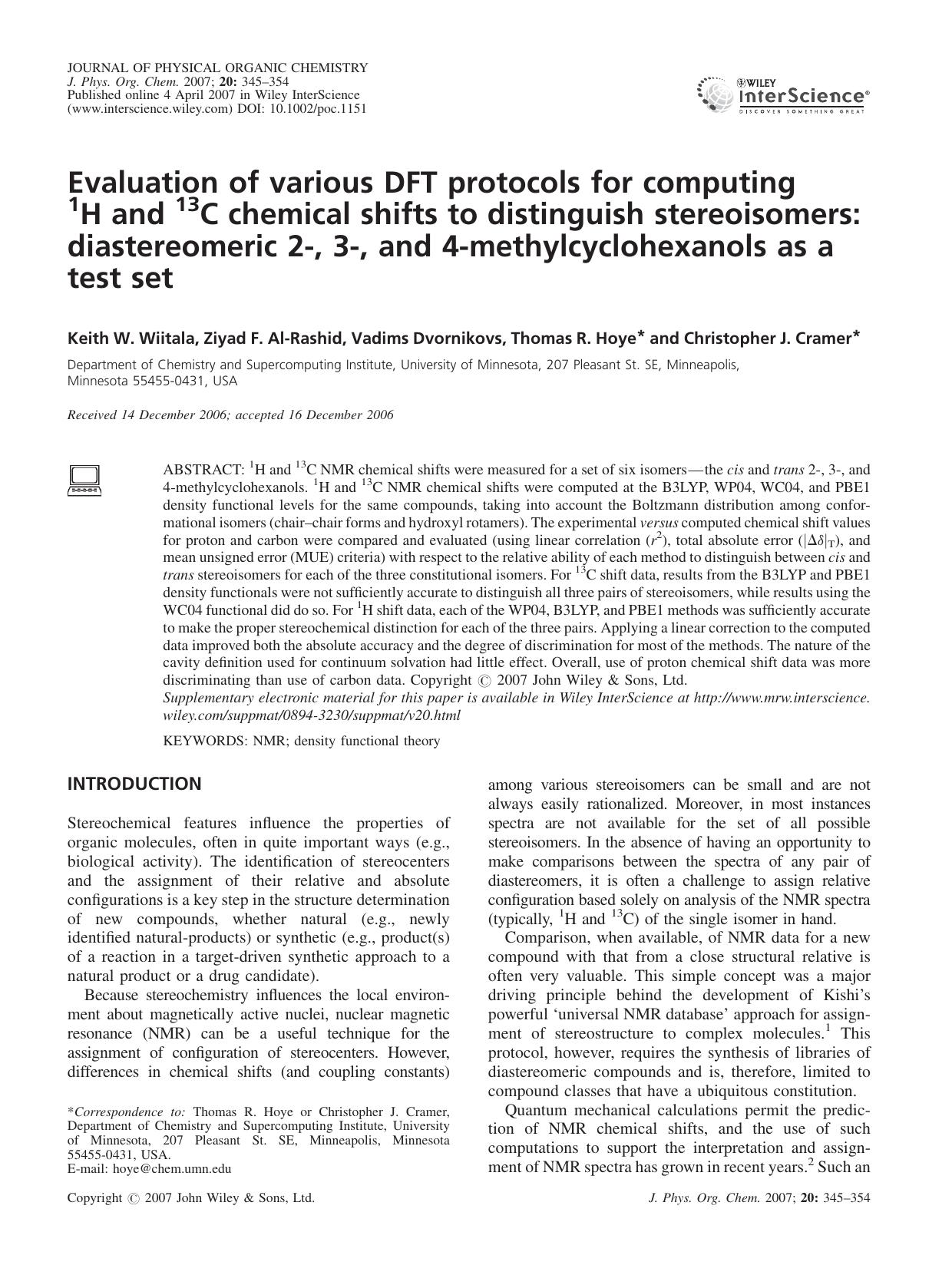 Evaluation of various DFT protocols for computing 1H and 13C chemical shifts to distinguish stereoisomers: diastereomeric 2-, 3-, and 4-methylcyclohexanols as a test set by Unknown