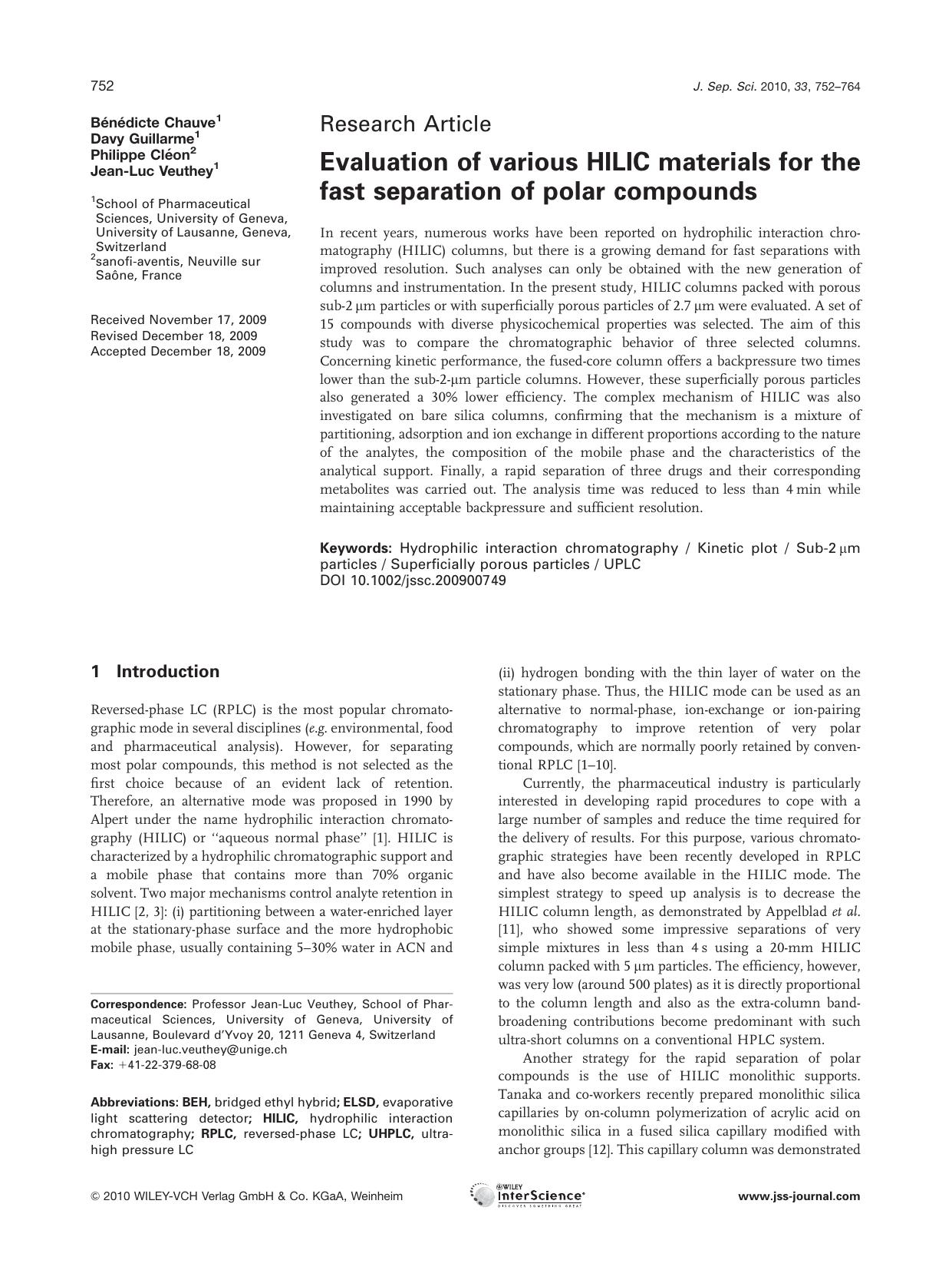 Evaluation of various HILIC materials for the fast separation of polar compounds by Unknown