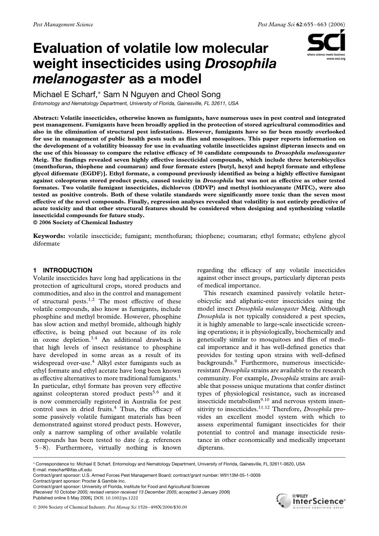 Evaluation of volatile low molecular weight insecticides using Drosophila melanogaster as a model by Unknown