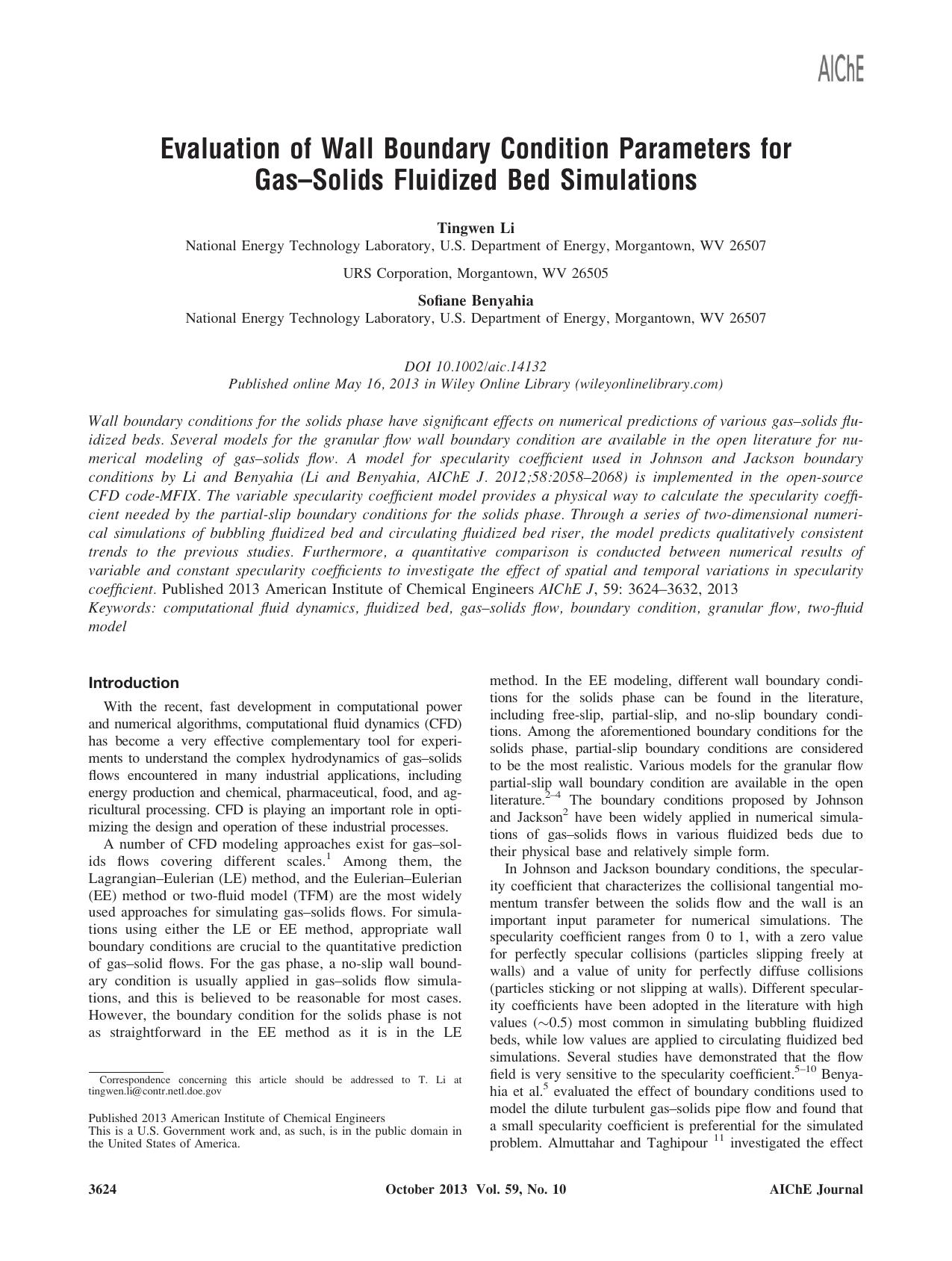 Evaluation of wall boundary condition parameters for gassolids fluidized bed simulations by Unknown