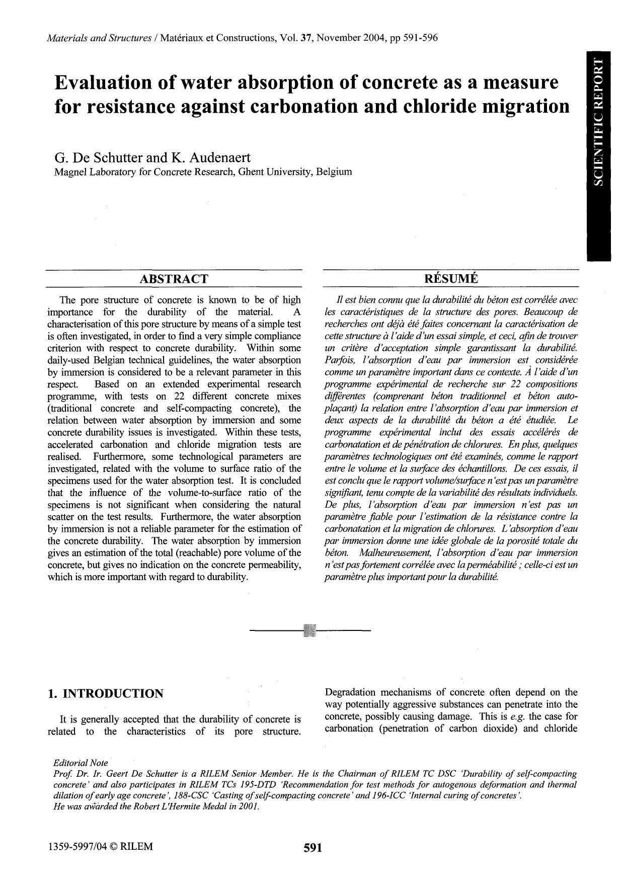 Evaluation of water absorption of concrete as a measure for resistance against carbonation and chloride migration by Unknown