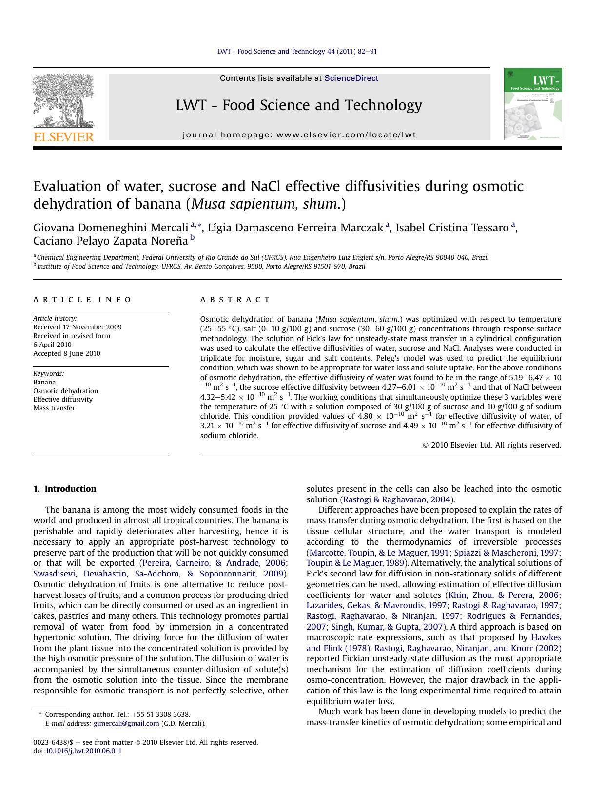 Evaluation of water, sucrose and NaCl effective diffusivities during osmotic dehydration of banana (Musa sapientum, shum.) by unknow