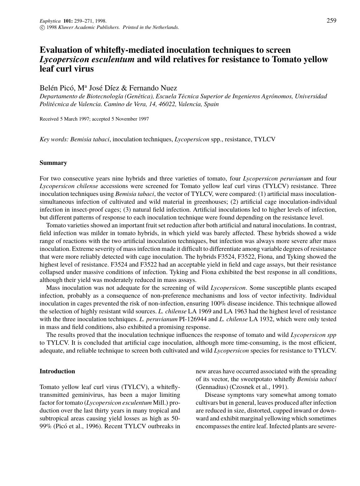 Evaluation of whitefly-mediated inoculation techniques to screen Lycopersicon esculentum and wild relatives for resistance to Tomato yellow leaf curl virus by Unknown