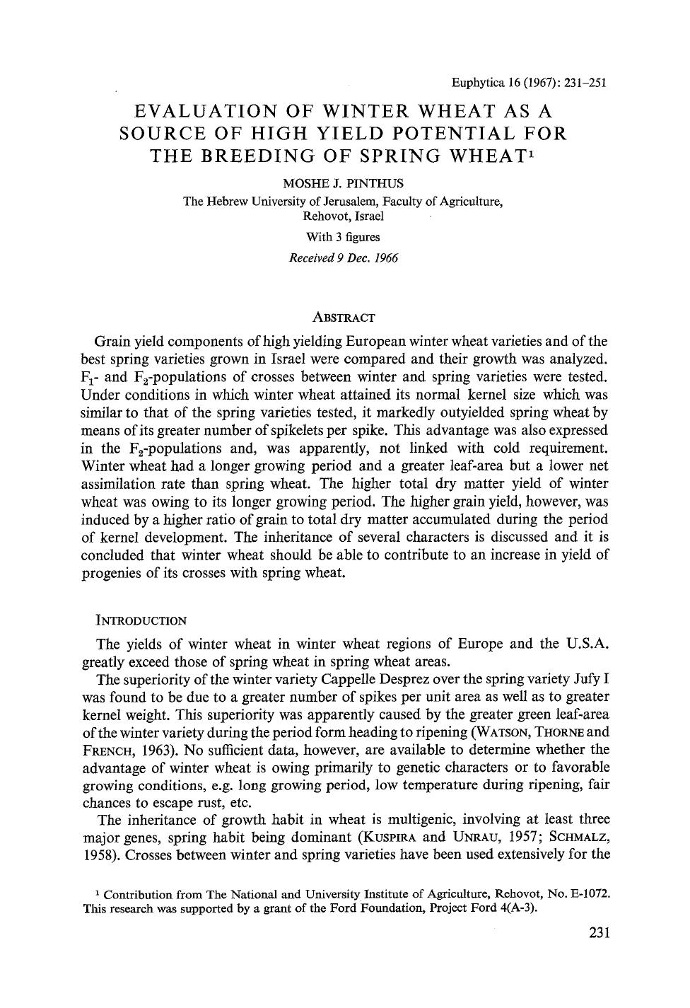 Evaluation of winter wheat as a source of high yield potential for the breeding of spring wheat by Unknown