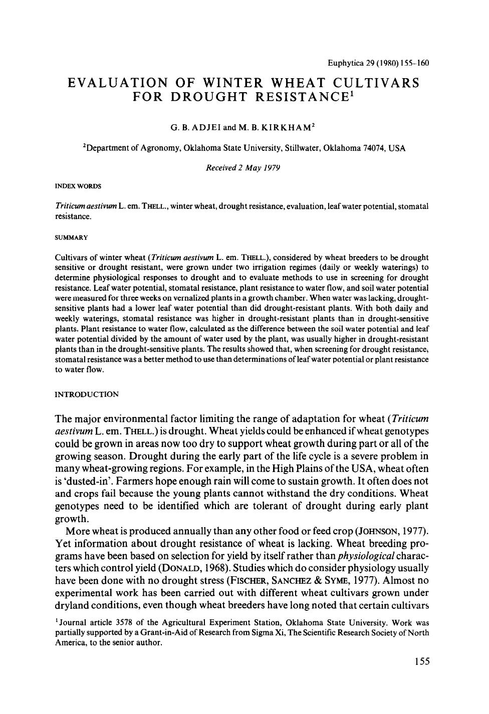 Evaluation of winter wheat cultivars for drought resistance by Unknown