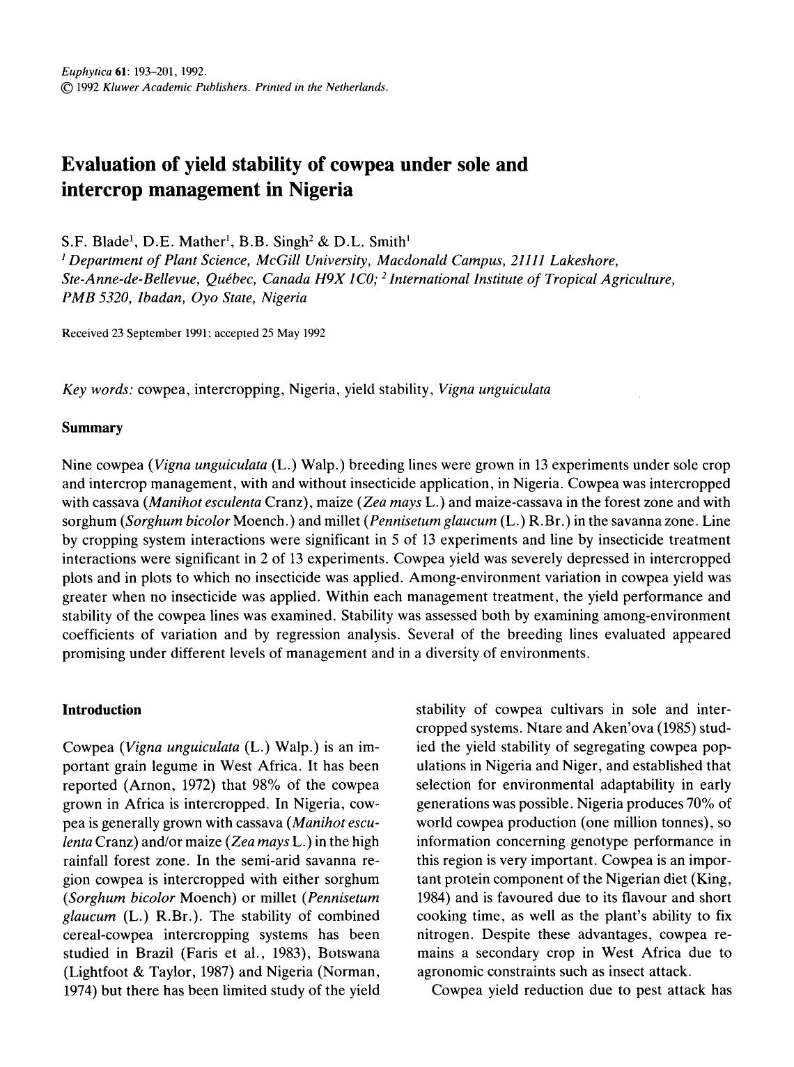 Evaluation of yield stability of cowpea under sole and intercrop management in Nigeria by Unknown