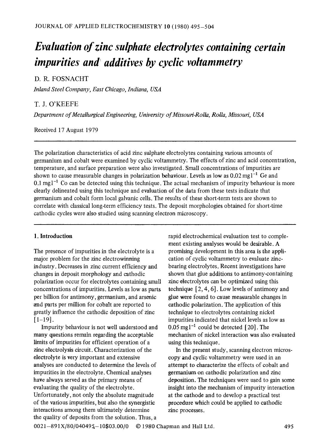 Evaluation of zinc sulphate electrolytes containing certain impurities and additives by cyclic voltammetry by Unknown