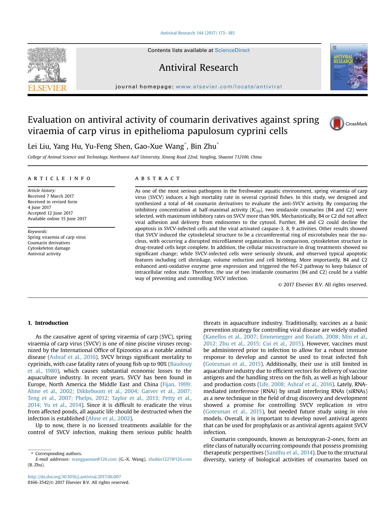 Evaluation on antiviral activity of coumarin derivatives against spring viraemia of carp virus in epithelioma papulosum cyprini cells by Lei Liu & Yang Hu & Yu-Feng Shen & Gao-Xue Wang & Bin Zhu