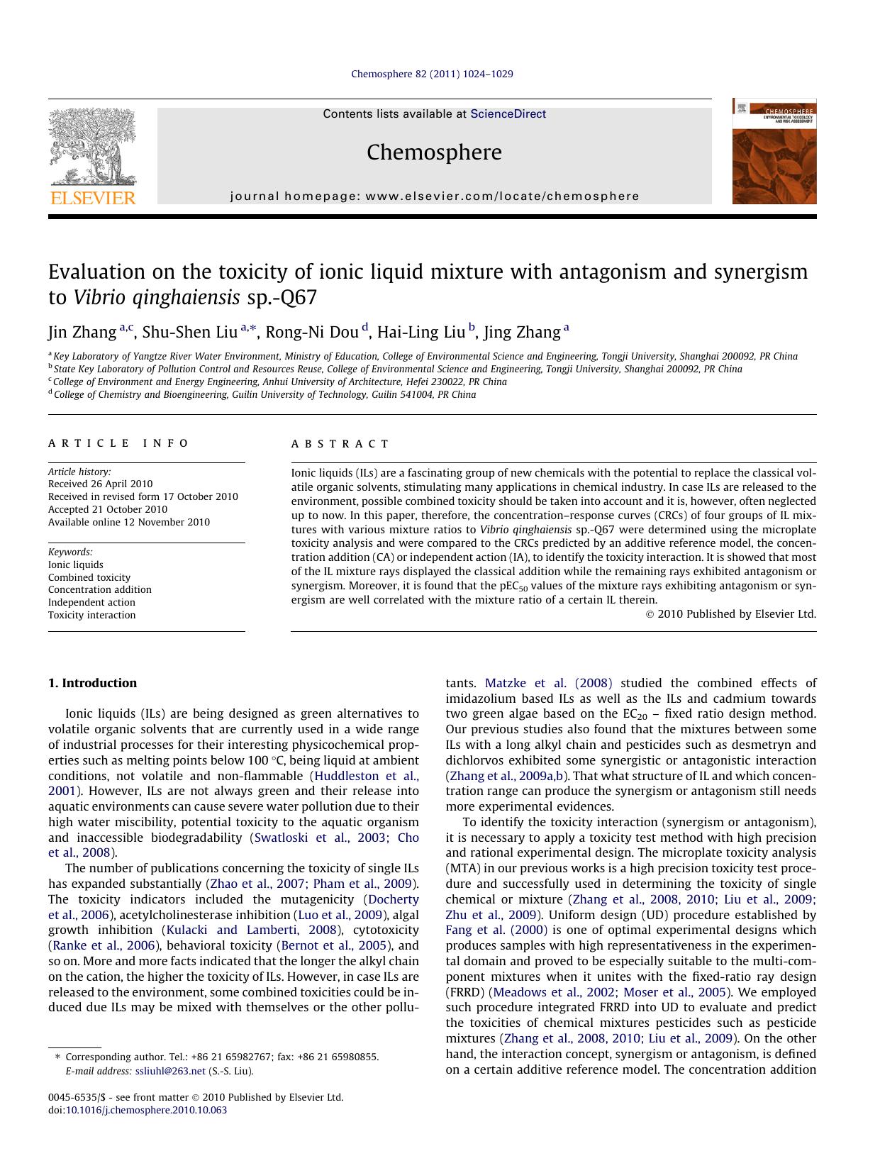Evaluation on the toxicity of ionic liquid mixture with antagonism and synergism to Vibrio qinghaiensis sp.-Q67 by Jin Zhang & Shu-Shen Liu & Rong-Ni Dou & Hai-Ling Liu & Jing Zhang