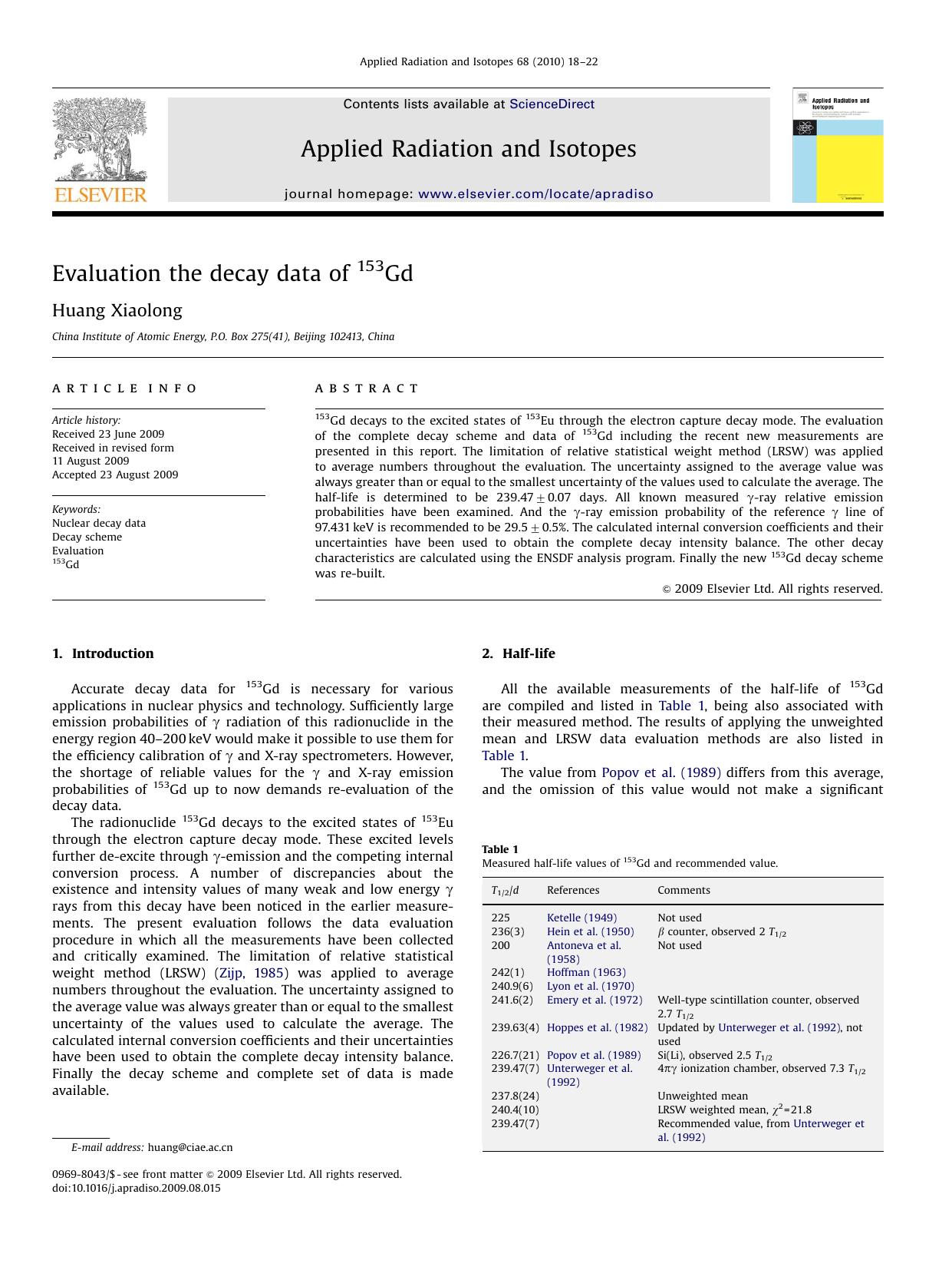Evaluation the decay data of 153Gd by Huang Xiaolong