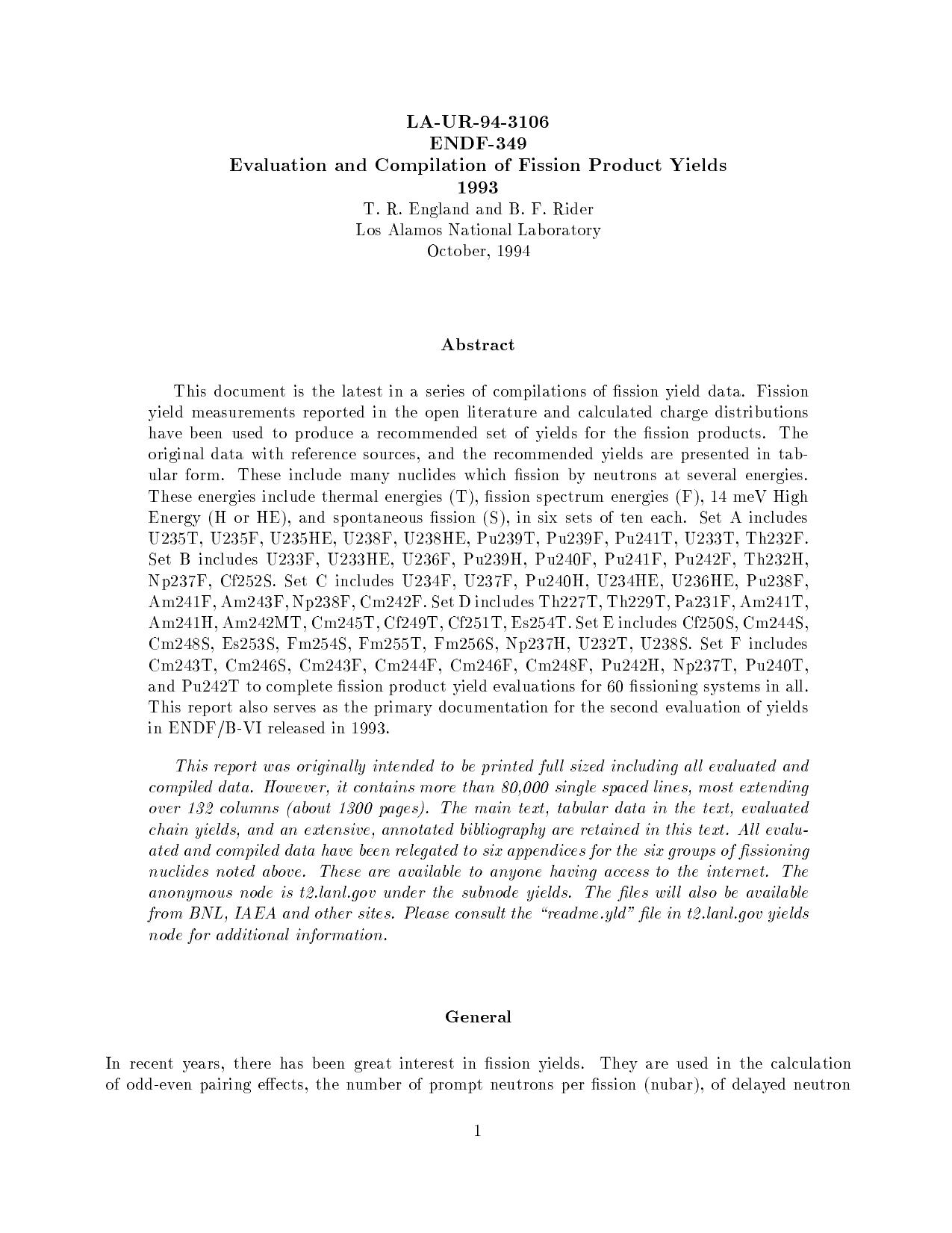 Evaluation, Compilation of Fission Product Yields [LA-UR-94-3106] by T. England B. Rider