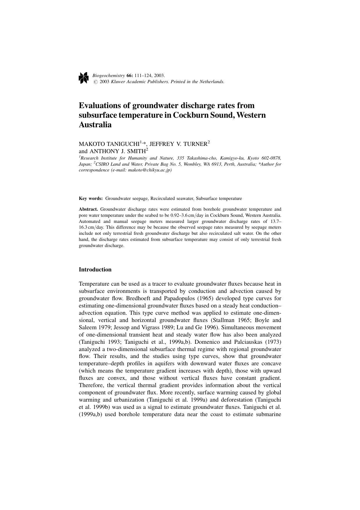 Evaluations of groundwater discharge rates from subsurface temperature in Cockburn Sound, Western Australia by Unknown