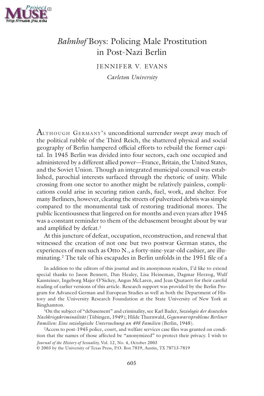 Evans. Bahnhof Boys: Policing Male Prostitution in Post-Nazi Berlin by Jennifer V