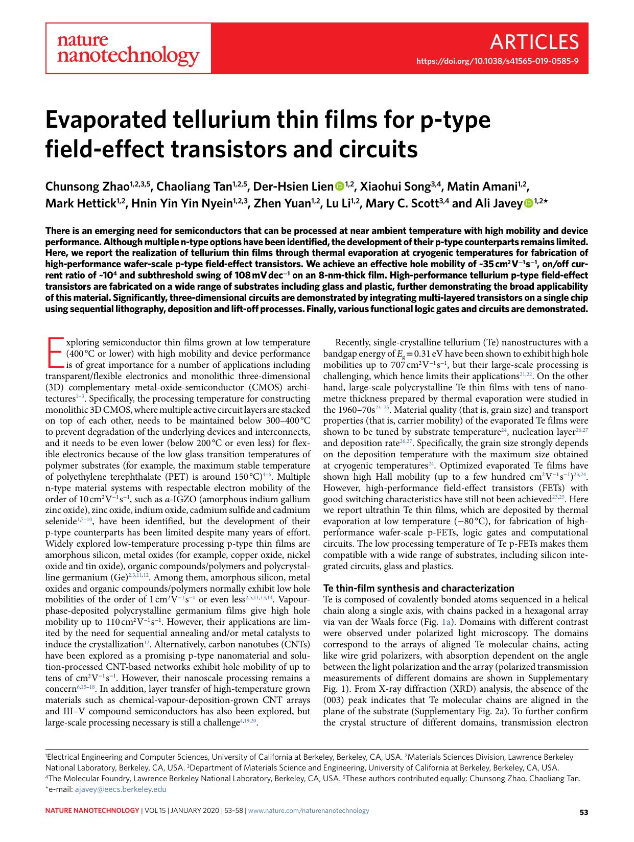 Evaporated tellurium thin films for p-type field-effect transistors and circuits by unknow