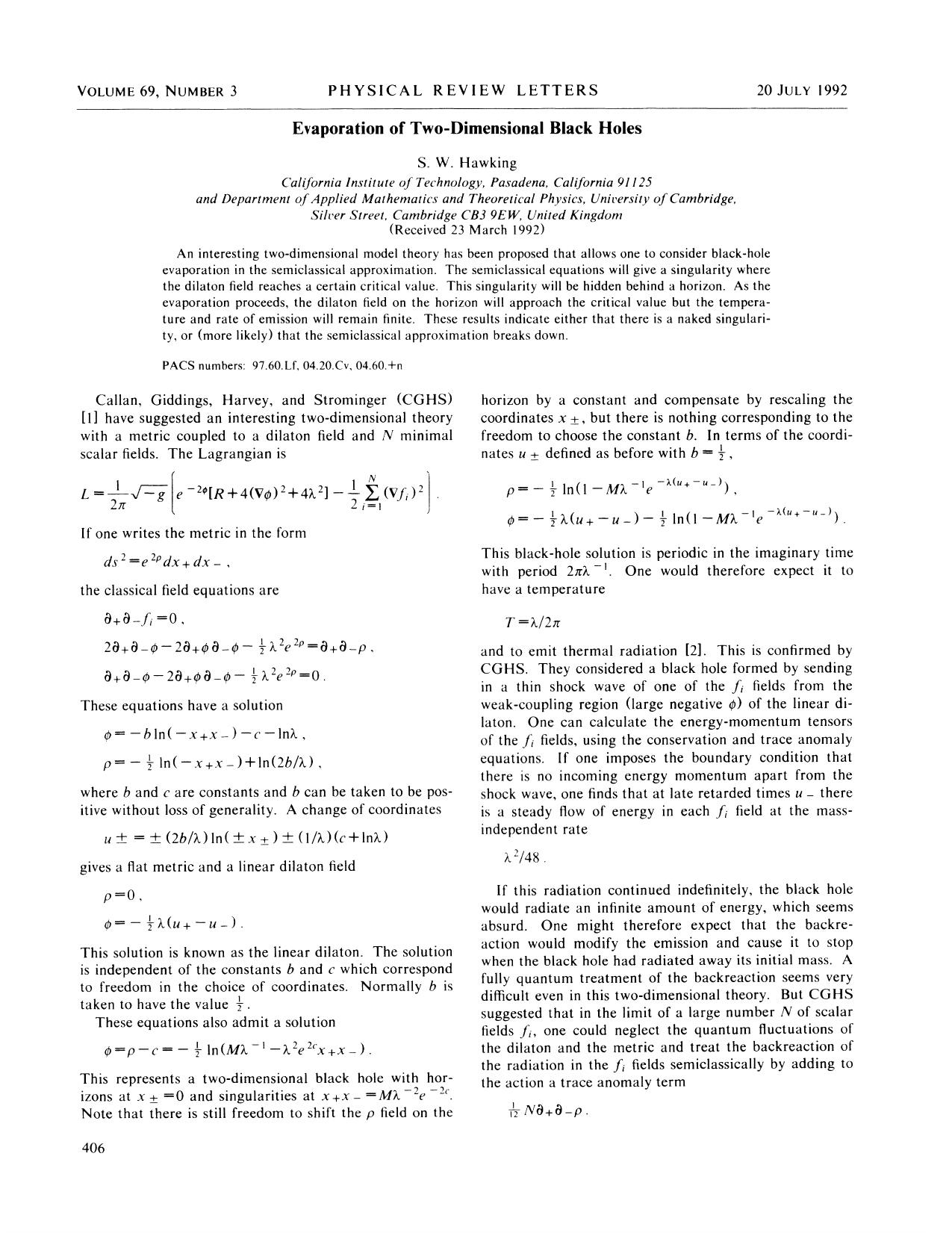 Evaporation of two-dimensional black holes by S. W. Hawking