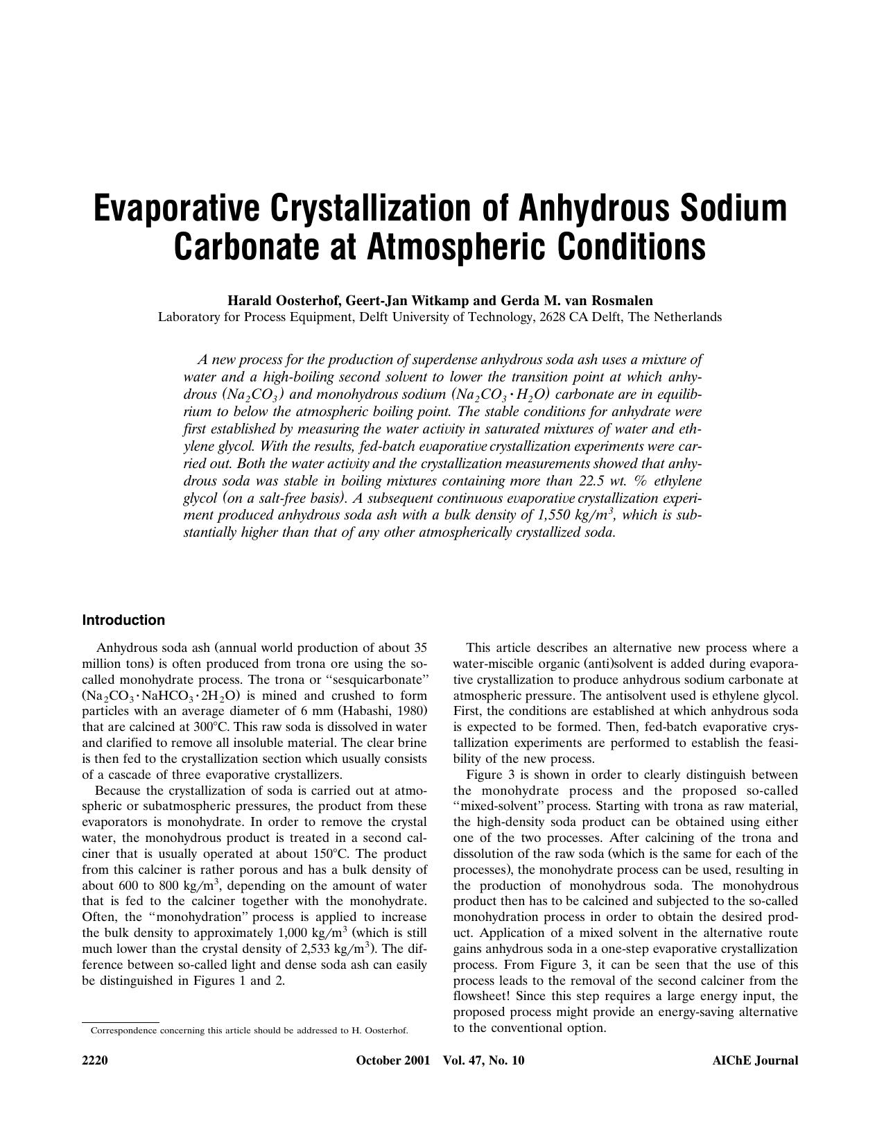 Evaporative crystallization of anhydrous sodium carbonate at atmospheric conditions by ?