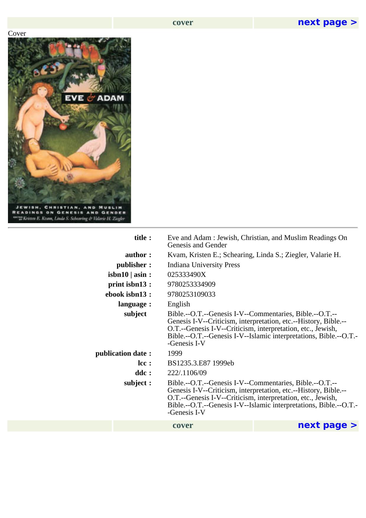 Eve and Adam: Jewish, Christian and Muslim Readings on Genesis and Gender by Kristen E. Kvam Linda S. Schearing Valarie H. Ziegler