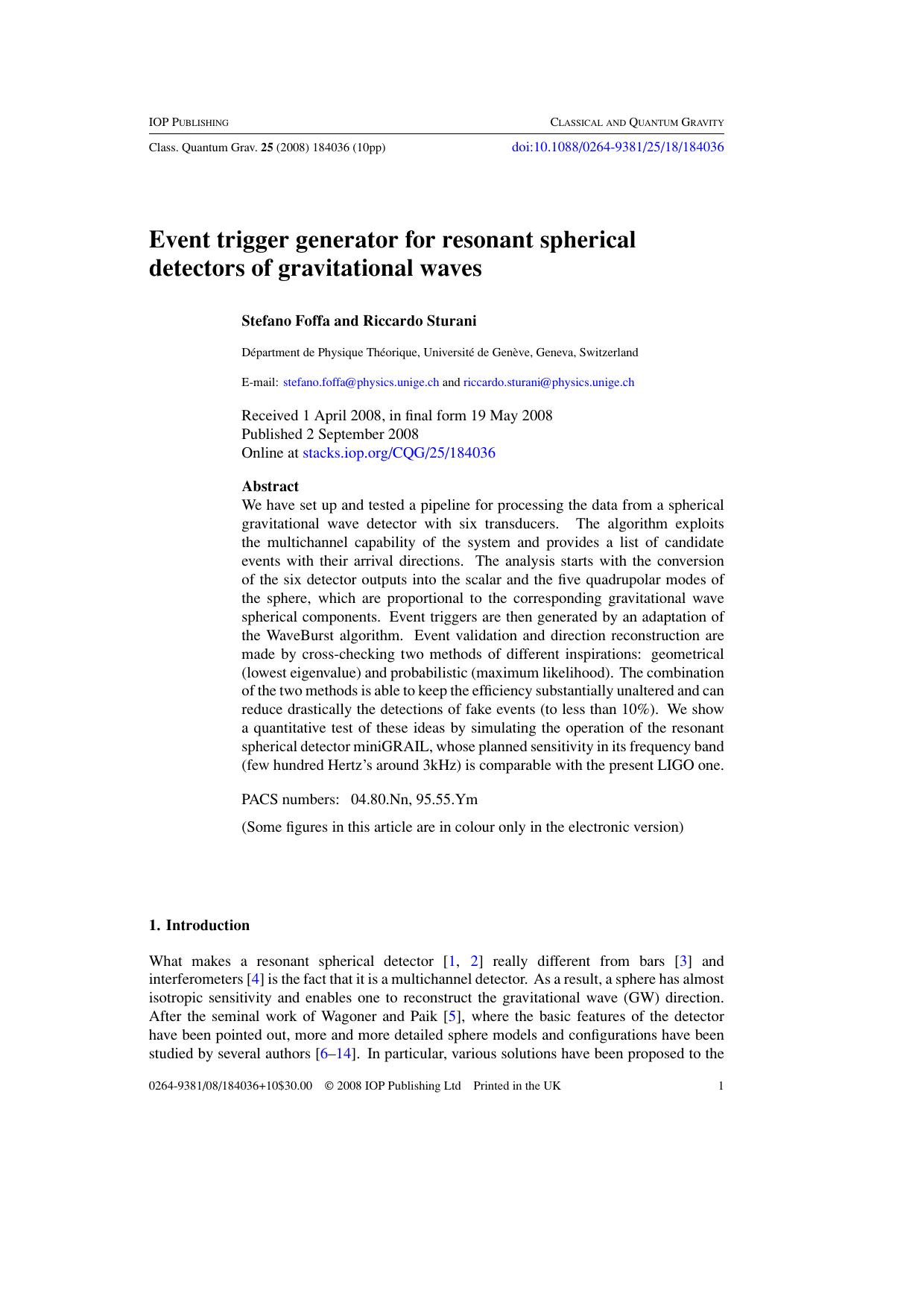 Event trigger generator for resonant spherical detectors of gravitational waves by S Foffa and R Sturani