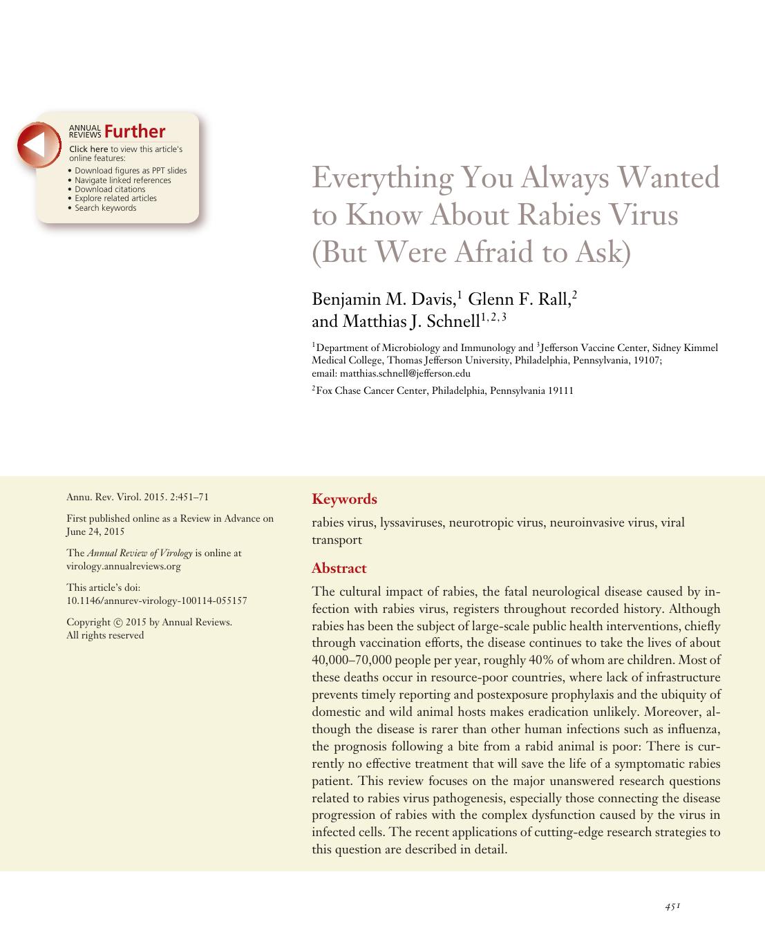 Everything You Always Wanted to Know About Rabies Virus (But Were Afraid to Ask) by Benjamin M. Davis Glenn F. Rall Matthias J. Schnell
