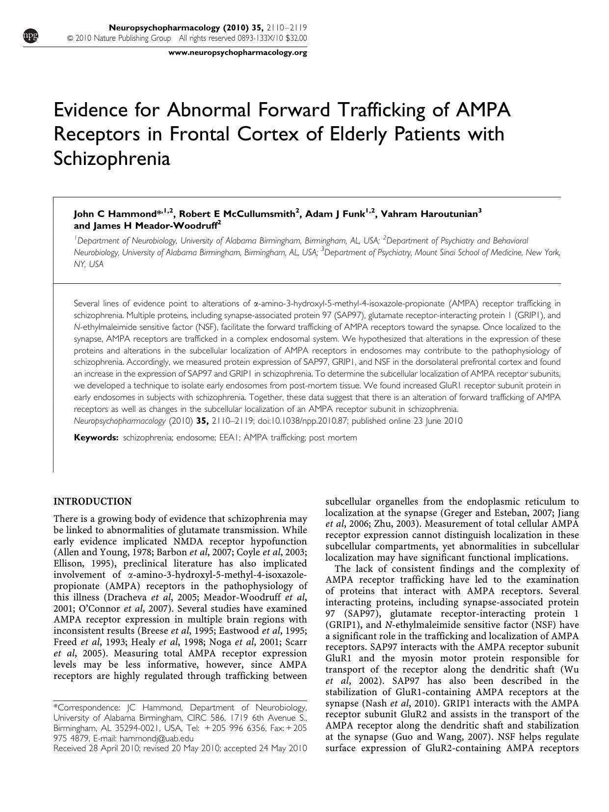 Evidence for Abnormal Forward Trafficking of AMPA Receptors in Frontal Cortex of Elderly Patients with Schizophrenia by John C Hammond & Robert E McCullumsmith & Adam J Funk & Vahram Haroutunian & James H Meador-Woodruff