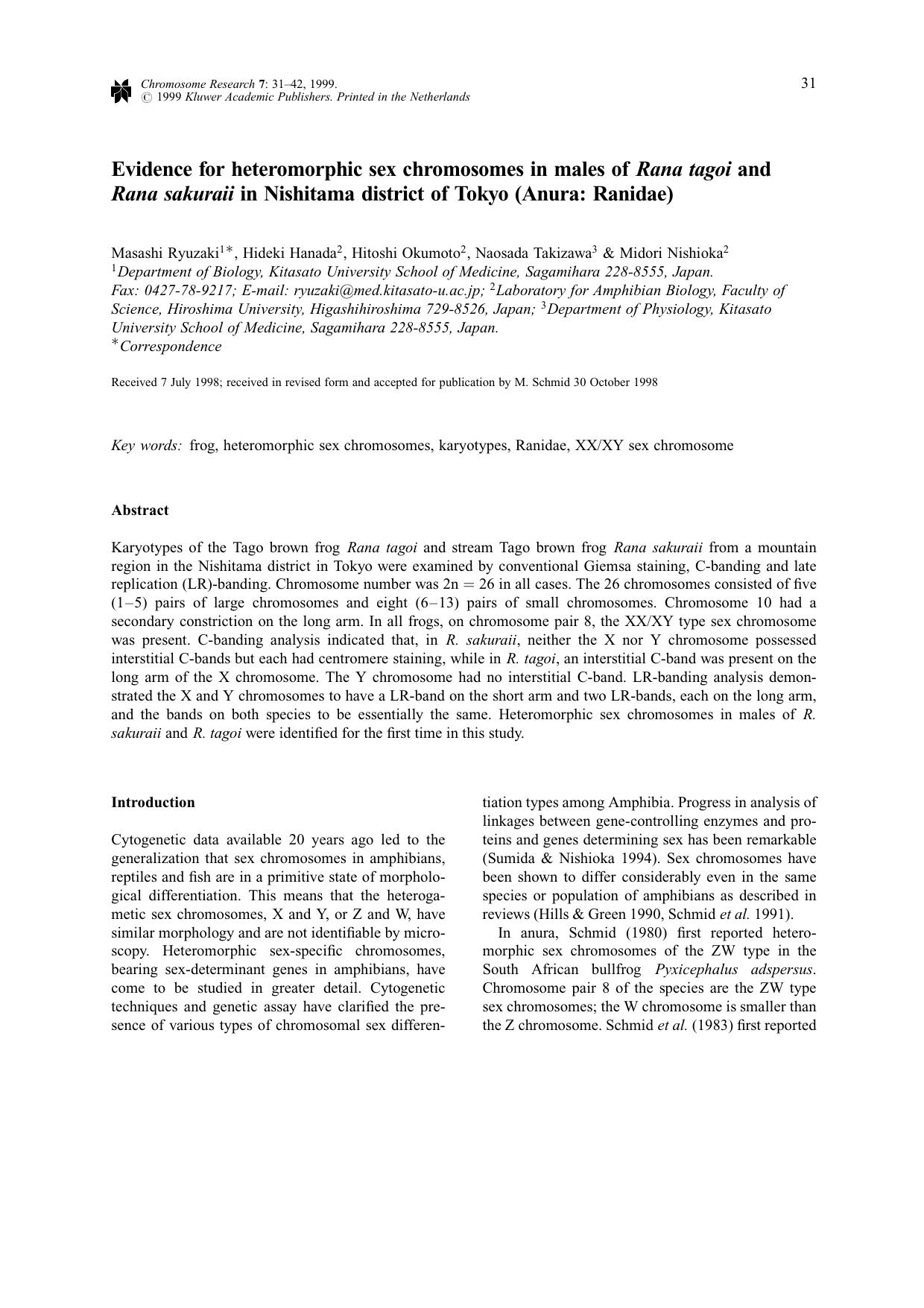Evidence for Heteromorphic Sex Chromosomes in Males of Rana tagoi and Rana sakuraii in Nishitama District of Tokyo (Anura: Ranidae) by Unknown