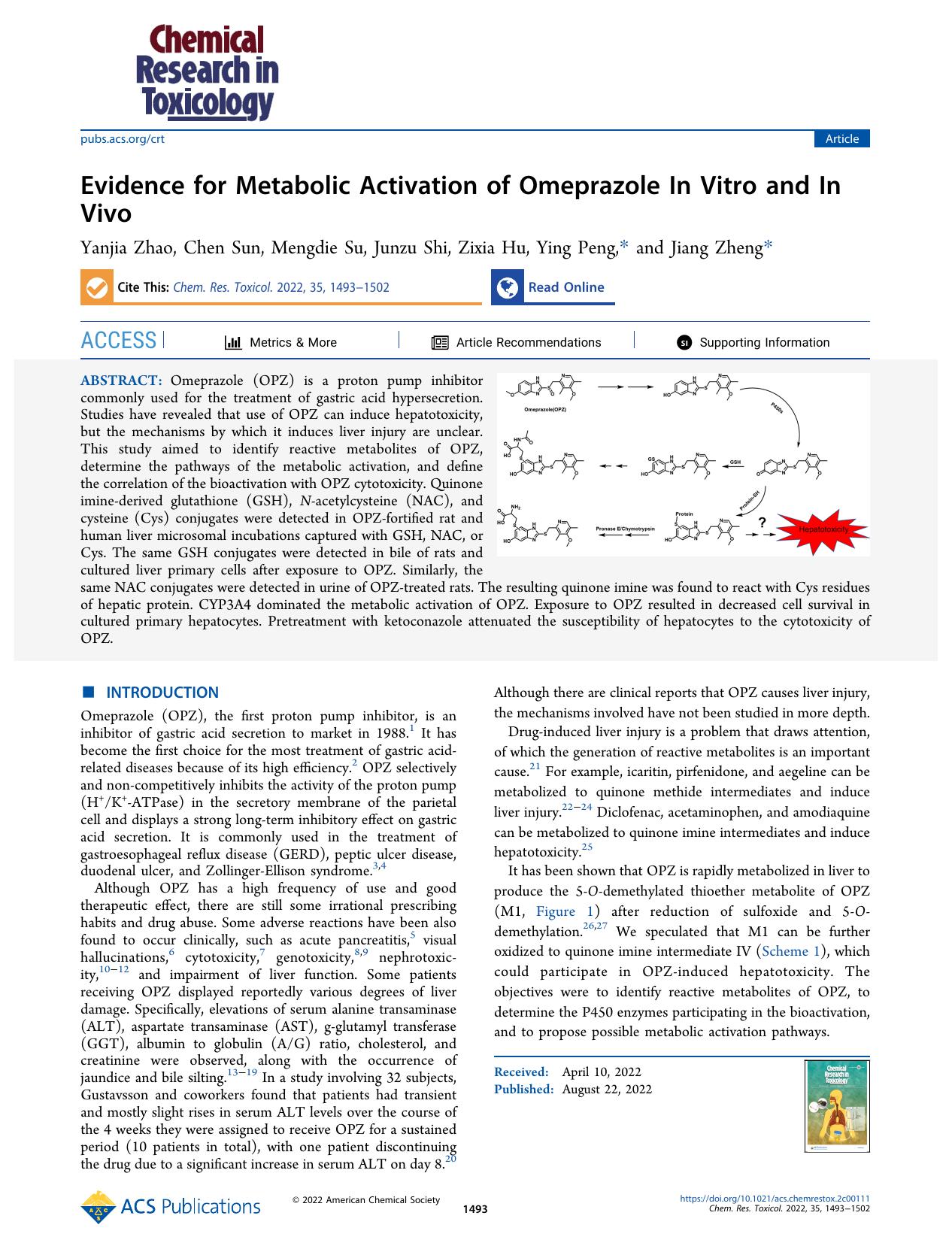 Evidence for Metabolic Activation of Omeprazole In Vitro and In Vivo by Yanjia Zhao Chen Sun Mengdie Su Junzu Shi Zixia Hu Ying Peng and Jiang Zheng