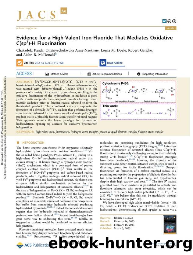 Evidence for a High-Valent Iron-Fluoride That Mediates Oxidative C(sp3)-H Fluorination by Chakadola Panda Onyinyechukwuka Anny-Nzekwue Lorna M. Doyle Robert Gericke & Aidan R. McDonald