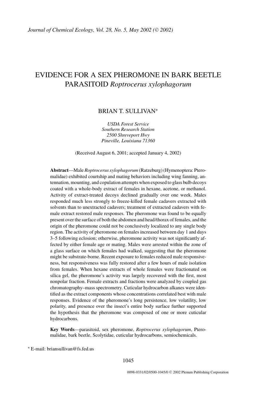 Evidence for a Sex Pheromone in Bark Beetle Parasitoid <Emphasis Type="Italic">Roptrocerus xylophagorum<Emphasis> by Unknown